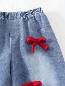 女童街头时尚休闲背心套装（含3D蝴蝶结上衣和做旧牛仔裤），夏季穿搭 - 酒紅色 - 查看 4