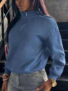 Women's Solid Color Drop Shoulder Long Sleeve Zip-Up Half Placket Casual Hoodie,Summer/Spring - 藍色*新春升級款 - 查看 5