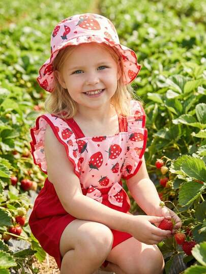 Valentine's Day Cartoon Strawberry Decor Bow Criss-Cross Jumpsuit + Hat For Young Girls