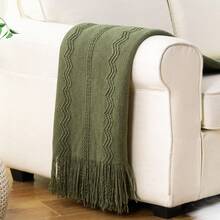 Olive Green Throw Blanket For Couch, Army Green Blanket With Tassels For Home Decor,Boho Decorative Knitted Throws, Living Room Decor, 50"X60" - Màu xanh Ô liu - Xem 1