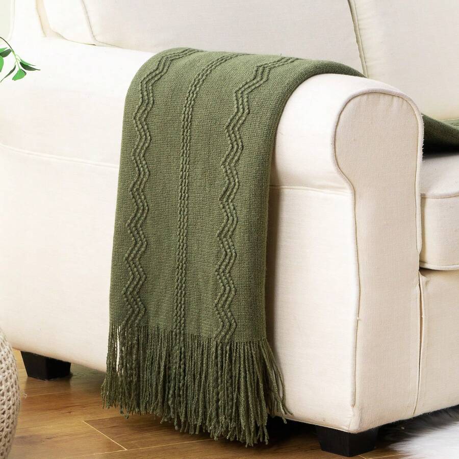 Olive Green Throw Blanket For Couch, Army Green Blanket With Tassels For Home Decor,Boho Decorative Knitted Throws, Living Room Decor, 50"X60" - Màu xanh Ô liu - Xem 1