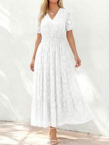 Women's Boho Maxi Dress, Summer Short Sleeve V-Neck Floral Flowy A-Line Long Dress, Formal For Wedding Guest & Baby Shower - 白色 - 查看 2