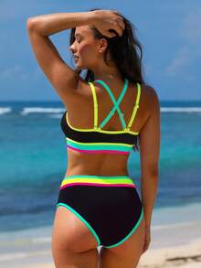 popvil Conjunto de sujetador deportivo y bikini de bloques de color, vacaciones de verano - Negro - Ver 2
