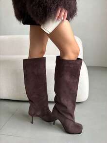 Women's Knee High Boots Square Toe Stiletto Heel Tall Shoes Wide Calf Long Boots Heeled Slouchy Shoes - 巧克力棕 - 查看 3