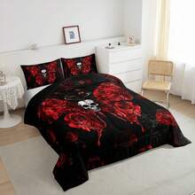 Castle Fairy 3pcs Goth Moth  Queen/King Comforter Sets Halloween Skull Bedding Set Suitable For Women Gothic Rose Botanical Plants Halloween Bed Set 3 PCS Wild Flowers Floral Bedding Set 2 Pillow Cases Home Textile - Đỏ Đen - Xem 5