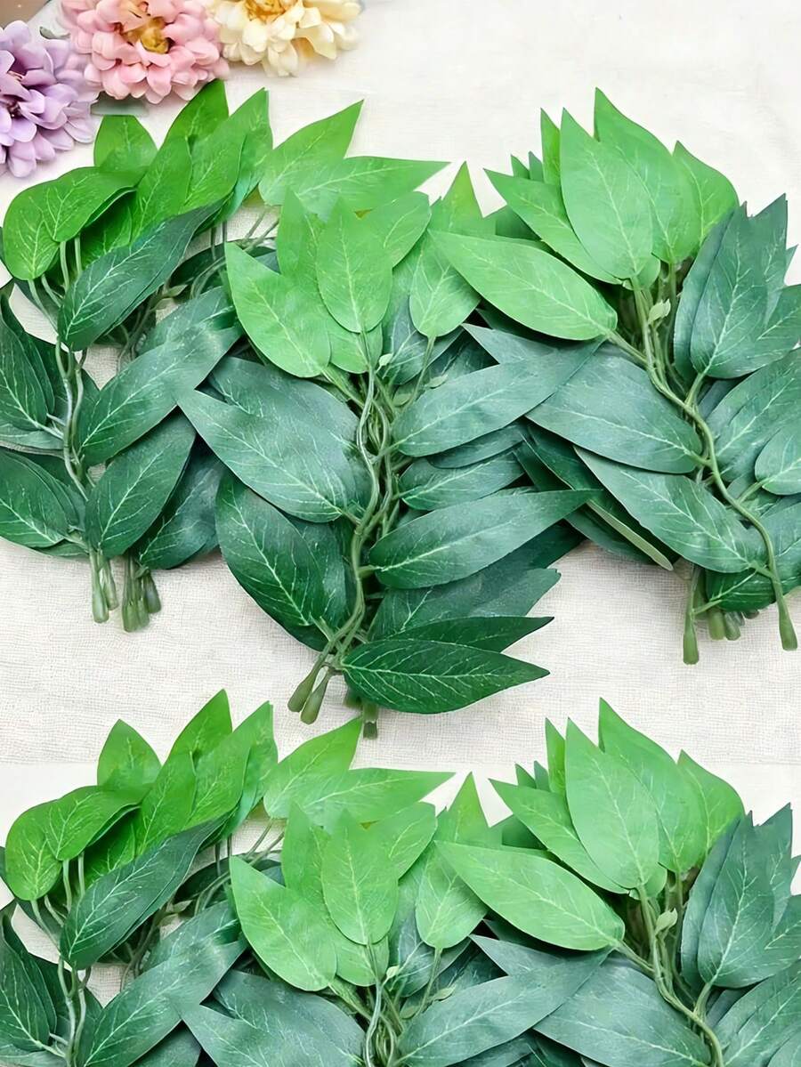 50片意大利绿色鲁斯卡斯叶，人造丝绿叶，人造柳叶，绿色植物装饰，DIY手工花叶装饰，常绿植物，桌面摆件，季节性庆典植物 - 适用于家居装饰、婚礼和派对装饰 - 绿色叶子