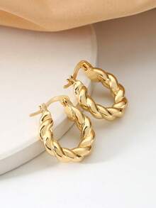 一对扭纹编织金色耳环，简约复古风格首饰 - 扭紋耳圈 - 查看 7