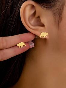 1对精致优雅的不锈钢北极熊元素耳钉 - 金色 - 查看 1