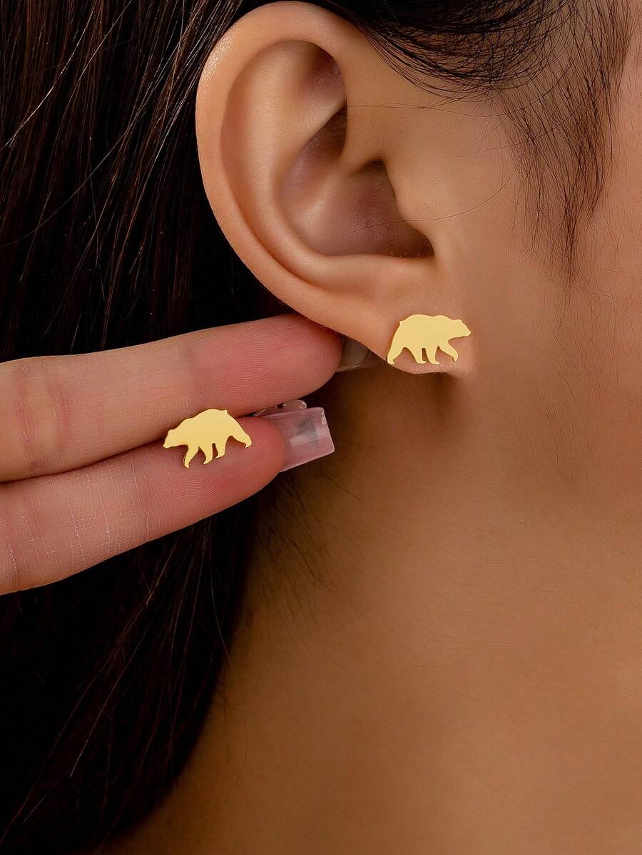 1对精致优雅的不锈钢北极熊元素耳钉 - 金色 - 查看 1