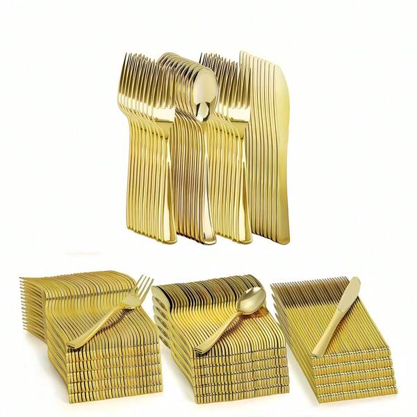 150/75/50/25/12/3 piezas Juego de cubiertos dorados, incluye cuchillos, tenedores, cucharas, adecuado para Halloween, Navidad, Acción de Gracias, bodas, cenas formales, cumpleaños, graduaciones, aniversarios, festivales, picnics, eventos de catering ¡y todas las ocasiones! Disfruta de tu evento sin preocuparte por el desorden posterior a la fiesta.