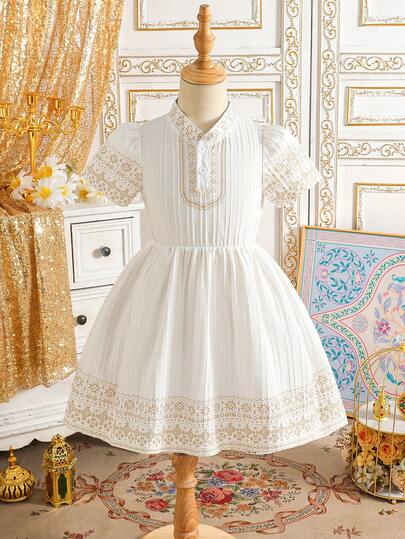 Summer Young Girls Casual Fashionable Dress, Middle Eastern Pattern Print Decor, Small Stand Collar Button Half-Placket, Elegant Comfortable Princess Dress, Suitable For Family Gatherings, Parties, Gifts, Eid Al-Fitr