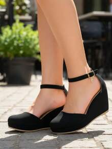 Zapatillas negras cerradas para Mujer, correa tobillo con imitación de diamante, plataforma, verano, casuales, para bodas, fiestas, eventos, antiderrapantes, tacón medio. - Negro - Ver 6