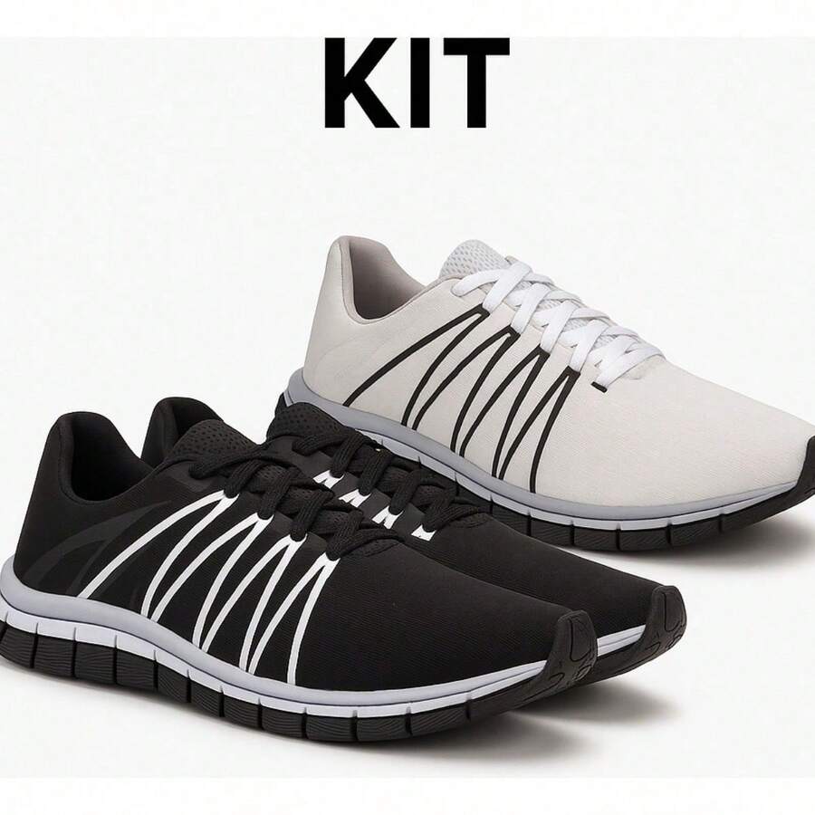 Kit 2 Tênis Masculino Corrida Esportivo Macio Academia Caminhada Olimpico - Preto e Branco - Visão 1