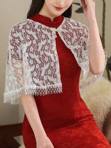 1pc Lace Hollow-Out Tassel Bridal Shawl, New Chinese Style Lightweight Bolero For Spring/Summer, White - White - View 6