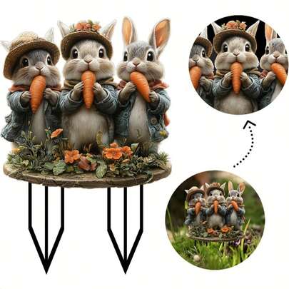一套三件2D立体兔子雕像，造型可爱，喜爱胡萝卜，采用亚克力材质，非常适合用作花园插牌和标牌。是节日派对装饰庭院或草坪的理想之选，也适合户外花园盆栽景观，是馈赠亲友、乔迁新居或作为园艺装饰品的绝佳选择。
