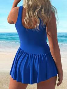 Solid Color V-Neck Backless Resort Beach Plus Size Women's One-Piece Swimsuit - 彩色 - 查看 2