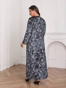 Plus Size V-Neck Long Sleeve Knit Printed Split Dress, Elegant Spring - Dusty Blue - View 6