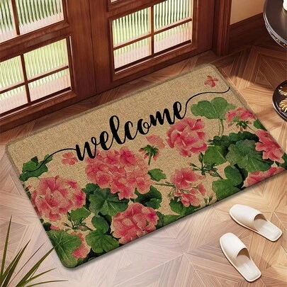 1 pieza Alfombra de lino con estampado floral para cocina, felpudo, alfombra, alfombra de baño, felpudo, impresión 3D rectangular, adecuada para sala de estar, dormitorio, pasillo, baño, lavandería - Alfombra de poliéster, decoración del hogar interior y exterior