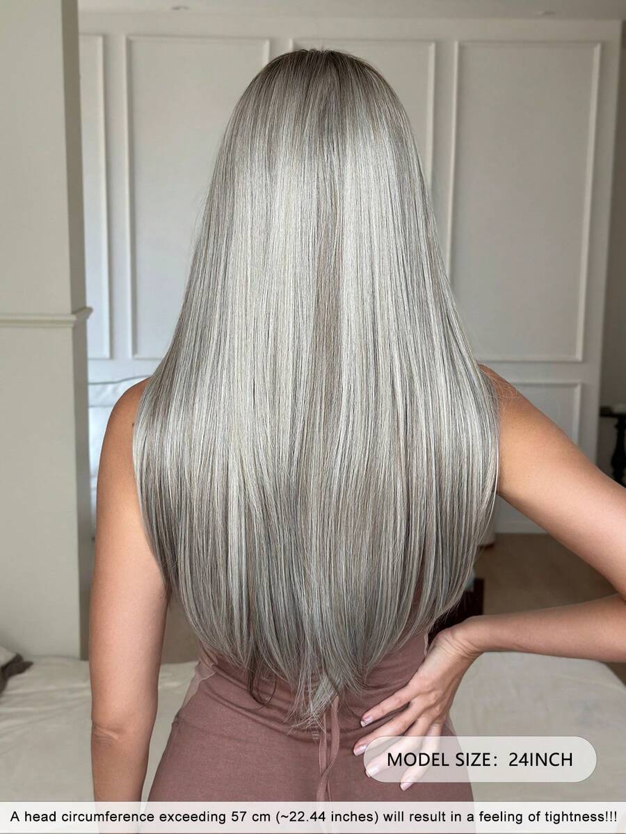 24 Inch Layered Grey Women Long Straight Wig, Dark Roots, High Density Fluffy Synthetic Heat-Resistant Fiber, Suitable For Daily Wear And Holiday Parties