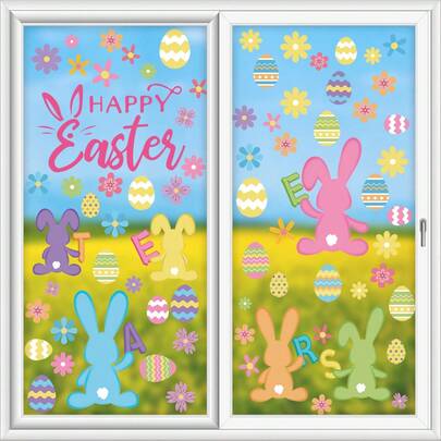 9 szt. wielkanocnych, wesołych naklejek na okna – wielokrotnego użytku, statyczne naklejki na okna z motywem króliczków, pisanek i kwiatów, idealne do wiosennej dekoracji domu, ozdoby na okna na wielkanocne przyjęcia