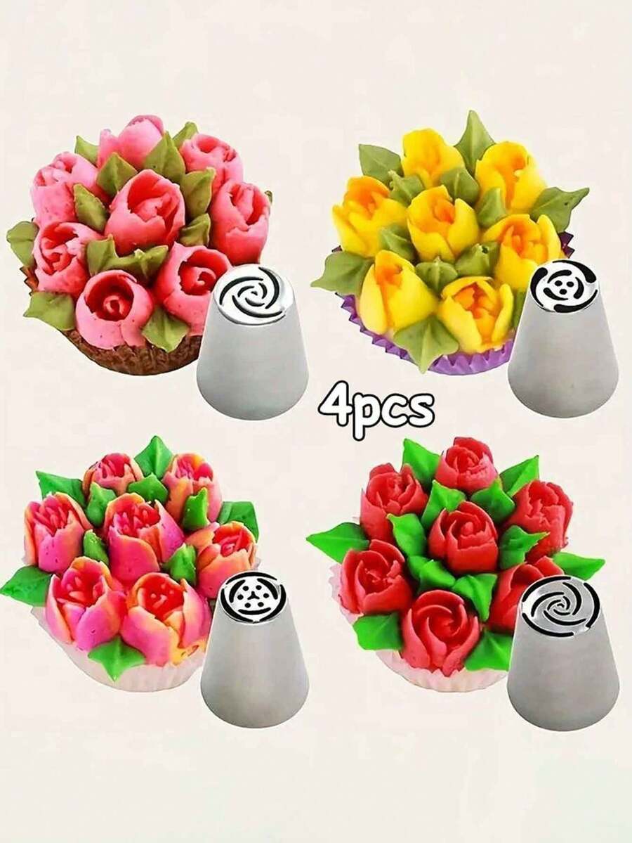 4pcs/Set Stainless Steel Flower Piping Nozzles, DIY Cake Cream Icing Decorating Tips Baking Tools - Silver - View 1