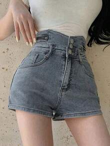 女士休闲高腰复古牛仔短裤，带前口袋，夏季款 - 淺色水洗藍 - 查看 1