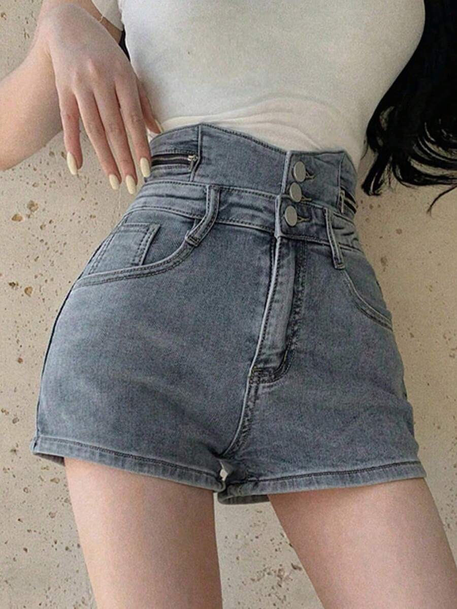 女士休闲高腰复古牛仔短裤，带前口袋，夏季款 - 淺色水洗藍 - 查看 1