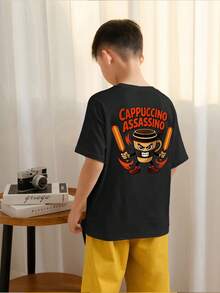 Boys & Teens Casual Printed Crew Neck Short Sleeve T-Shirt, Summer Top - Black - View 2