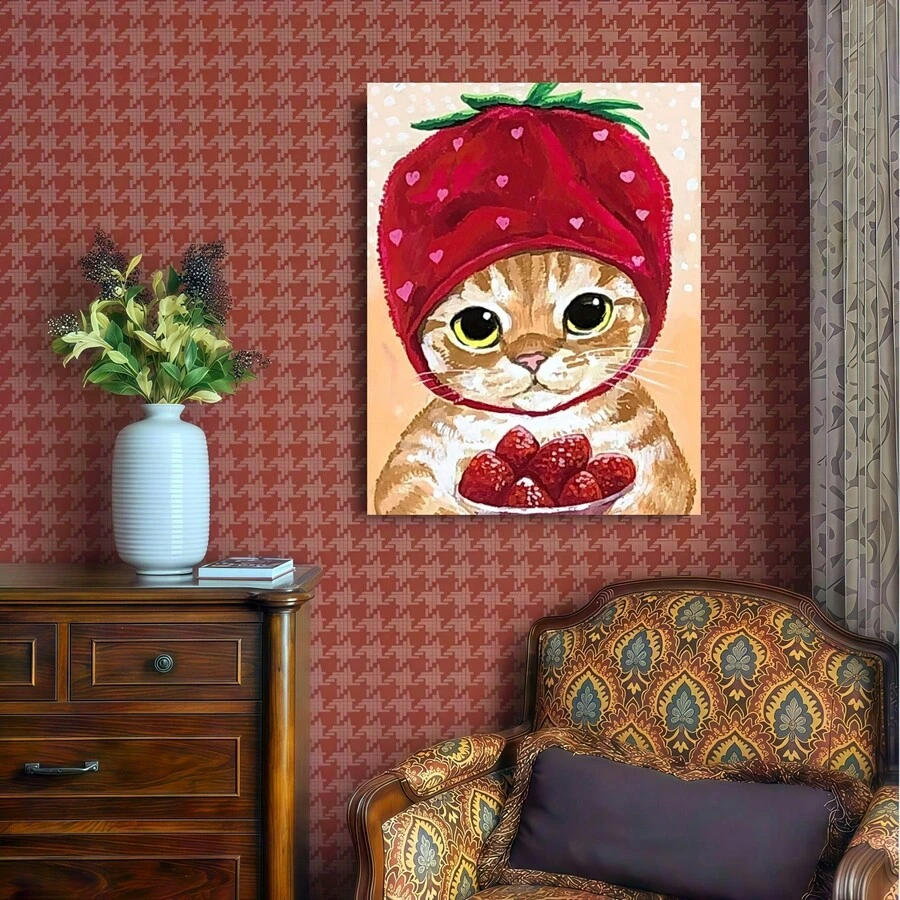 Framed Canvas Poster Print Wall Art 1pc Cat Eating Strawberry Canvas Poster-Art Poster, Poster Art, Graphic Poster, Canvas Printing, Ideal Gift For Bedroom Living Room Corridor, Wall Decor, Wall Art, Room Decoration, - Đóng khung - Xem 1