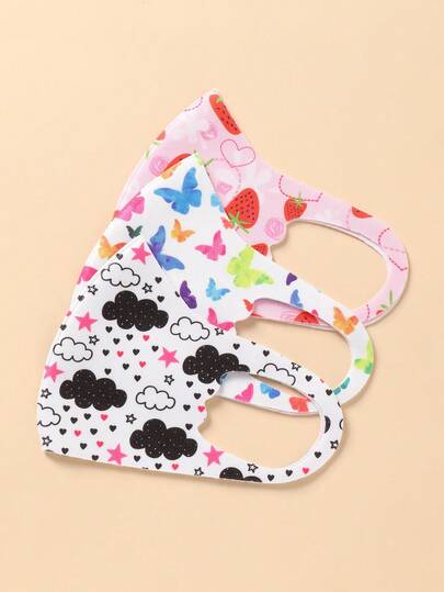 3pcs Girls' Unicorn, Butterfly & Flower Print Face Masks, Slightly Varied Designs