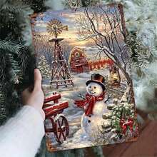 Vintage Winter Metal Sign Snowman Windmill Red Barn Holiday Decor - Rustic Christmas Farmhouse Wall Art - Decorative Tin Sign For Home Cabin Gift - Galvanized Iron Sign Wall Hangings - 1PC - 查看 1