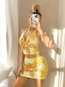 黄色格子复古印花吊带背心套装，Y2K性感夏季沙滩度假露脐上衣和迷你裙两件套 - 彩色 - 查看 4