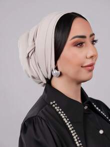 1件装女士经典纯色优雅三层即戴式头巾，配有飘逸的丝带，时尚个性长款丝带头巾，防滑吸湿透气柔软莫代尔针织面料，适合日常瑜伽、运动、户外活动。 - 淺米色 - 查看 3