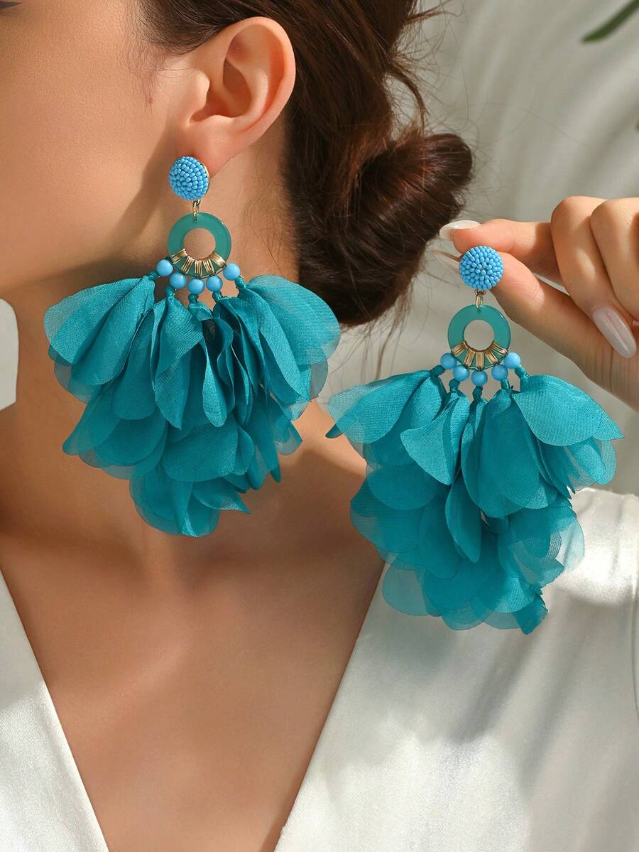 1对手工雪纺布花朵流苏耳环，适合女士参加派对、舞会、热带海滩度假等场合，波西米亚风饰品 - 淺藍色 - 查看 1