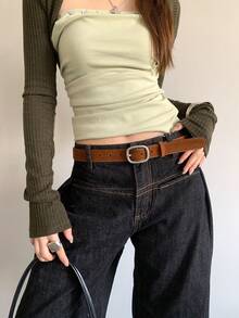 1pc Brown PU Suede Leather Casual Belt For Women - Brown - View 2
