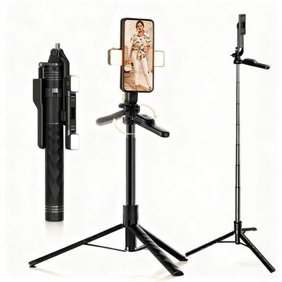 Chân máy selfie BSLIUFANG 1.7m với điều khiển từ xa không dây và khả năng xoay 360°, được trang bị đèn chiếu sáng kép, thích hợp cho quay video và phát trực tiếp.