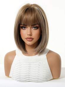 12英寸时尚渐变棕色波波头假发，带刘海，100%桑蚕丝材质，哑光质感，耐热，直发造型，透气玫瑰网帽，适合日常佩戴、派对、角色扮演、节日等场合，是送给女友、参加嘉年华和其他活动的绝佳礼物。 - 亞麻棕 - 查看 3