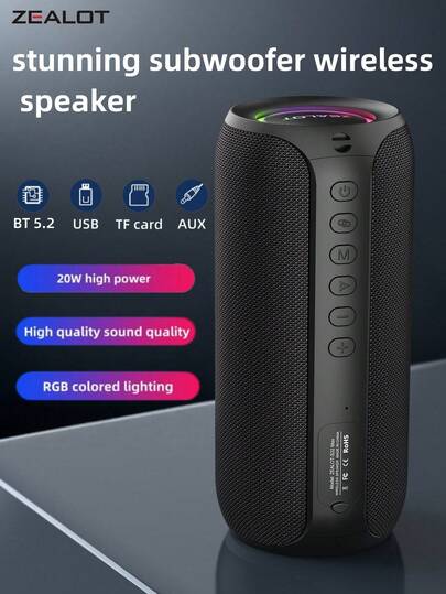  ZEALOT S32MAX 20W 无线音箱，便携式蓝牙音箱，带 RGB 灯光，播放时间长达 8 小时，兼容智能手机/平板电脑/电视，支持 SD 卡/USB/AUX 输入，支持菊花链功能，适用于汽车/户外/露营/海滩/派对等场合。