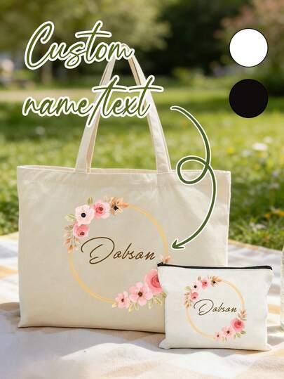 Personalized Canvas Bags Set With Elegant Floral Wreath Pattern,Large Capacity Shoulder Bag & Portable Makeup Bag,Canvas Tote Bags Reusable Grocery Cloth Bags With Handles,Personalized Canvas Tote Bag,Women's Handbag, Stylish And Simple, Light To Carry,Charming Designs,Suitable For Daily Use, Shopping, School And Travel,Unique Birthday Gifts, Wedding Gifts, Valentine's Day Gifts, Anniversary Gifts