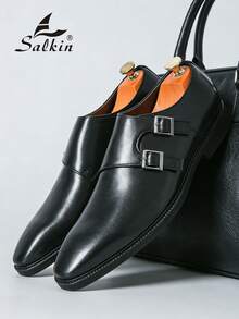 Salkin 经典复古男士僧侣搭扣正装鞋 - 双扣尖头套脚正式正装乐福鞋，纯色，柔软舒适，防滑，适合办公室、商务、派对、婚礼、西装等场合，春夏秋季均有，大码（尺码偏大，建议选购小一码） - 黑色 - 查看 4