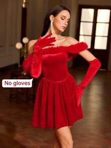 Women's Casual Crew Neck Fuzzy Sleeveless Dress (Gloves Not Included) - Red - View 4