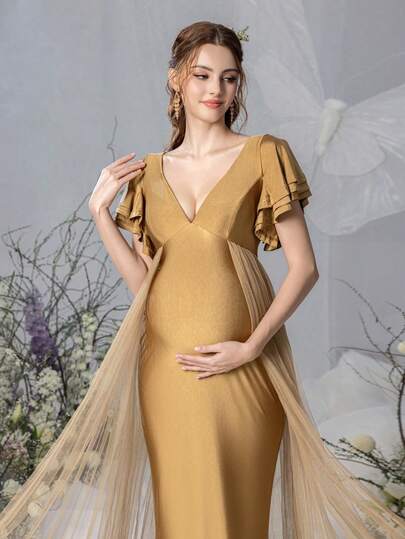 Faeriesty Elegant Maternity Gold Deep V-Neck Wide Ruffle Sleeve Maxi Party Gown For Women, For Spring Weddings, Mother's Day Celebrations, Baby Shower Events, Garden Parties, Formal Gala
