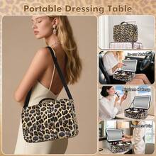 15''X11'' Large Makeup Bag With Removable Lighted Mirror, Professional Travel Make Up Bag With Mirror And Light Cosmetic Train Case Organizer, PU Leather With Adjustable Dividers & Brush Storage Board;Mother's Day Gifts: The Best Choices For Your Wife And Mother - 豹紋 - 查看 9