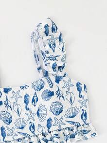 少女比基尼套装，可爱针织面料，数码贝壳印花，可调节肩带，荷叶边设计，两件式泳衣，休闲保守的韩式风格，优雅女士沙滩泳装 - 藍色 - 查看 3