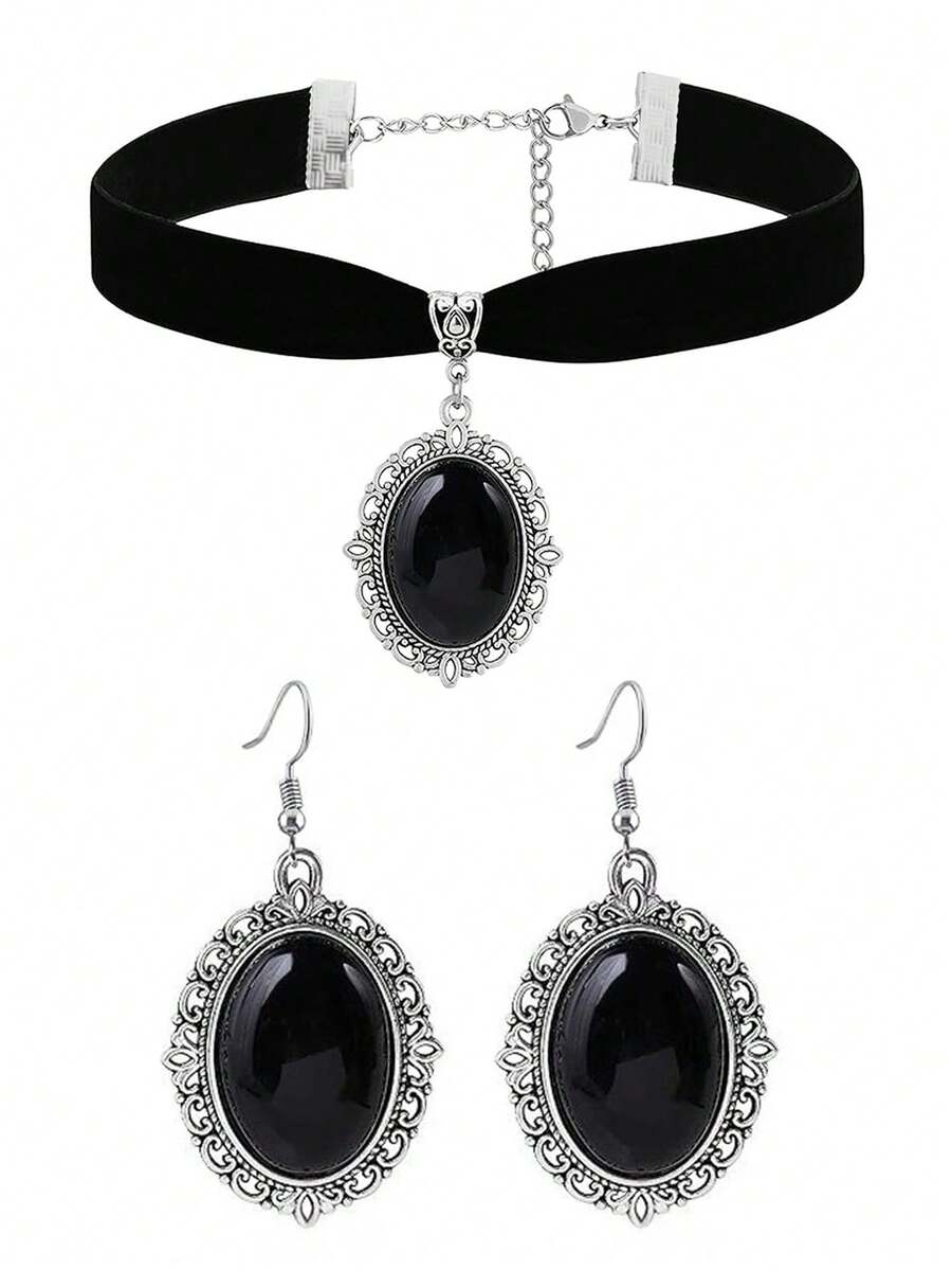 Bộ 3 món phong cách Gothic đính đá đen gồm dây chuyền, mặt dây chuyền và bông tai dành cho nữ, trang sức phong cách punk cổ điển. - Nhiều màu - Xem 1