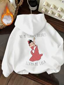 Vestido rojo de lunares, bailarina de flamenco de dibujos animados con un abanico plegable y estampado con el alfabeto español. Sudadera con capucha unisex para otoño/invierno Con un forro extra grueso y cálido, cordón ajustable y bolsillos en las mangas largas. Confeccionada en algodón y terciopelo. - Blanco - Ver 1