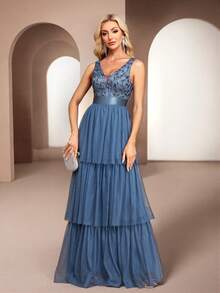 优雅V领无袖刺绣多层荷叶边薄纱长款派对礼服，多层蛋糕式伴娘礼服，舞会礼服，生日礼服，婚礼宾客礼服，毕业礼服，晚礼服 - 霧霾藍 - 查看 4