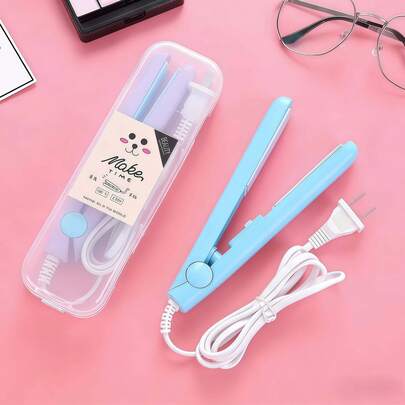 MORE BEAUTY One-piece mini dual-purpose hair straightener 100-240 volts, 20 watts, American plug, ceramic electrical stone plate. A dual-purpose hair straightener for straightening and curling hair, mini multi-functional curling rod, mini flat hair rod, hair straightener, mini curling rod and straightener, mini ceramic flat hair rod, electrical stone flat hair plate curler, beauty heater, flat and curling hair device, size 2.8*0.7 inches, mini simple hair straightener, two-in-one ceramic electrical stone plate heated curling and straightening hair device, suitable for curling and straightening hair (light blue)
