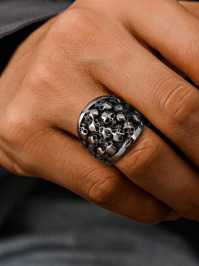1 pezzo Anello da uomo in acciaio inossidabile con motivo retrò a teschi multipli, dominante, stile hip-hop rock, gioiello regalo