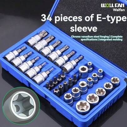 34-Piece Pro-Grade E-Type Socket Set | Chrome Vanadium Steel Forging Hexagonal Anti-Slip Design | Full Metric Sizes, Zero Cam-Out Grip | Automotive & Machinery Fastening Kit